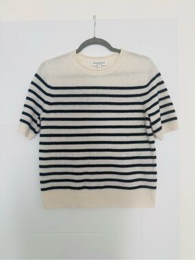 Banana Republic Lightweight Cashmere Short Sleeve Sweater White Black Stripe Med